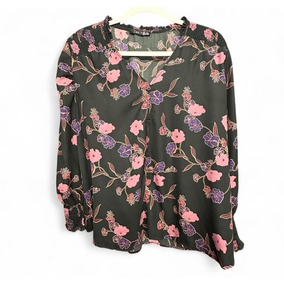 Dex Long Sleeve Blouse Boho Peasant Black Purple Pink Floral Women’s 1X - Picture 1 of 4
